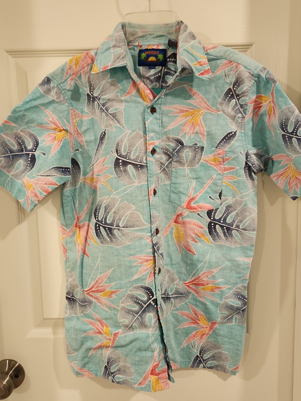 VTG WEEDS Mens Shirt Small S Hawaiian Button Down Short Sleeve Tropical Blue EUC